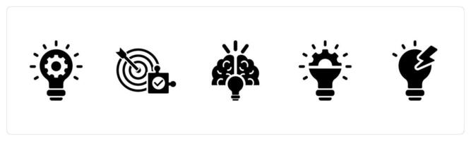 A set of 5 Idea icons as idea generation, solution, creative idea in black filled color vector