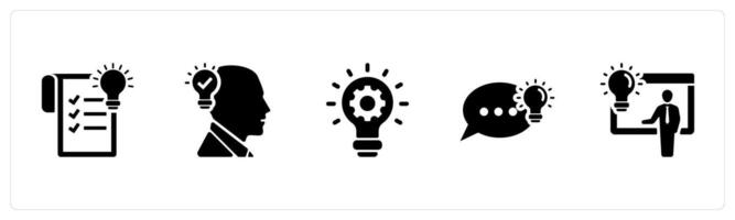 A set of 5 Idea icons as concept, head idea, idea generation in black filled color vector