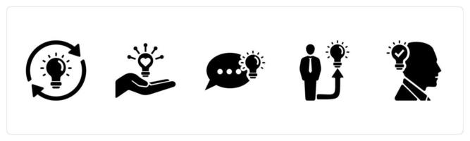 A set of 5 Idea icons as new idea, share idea, suggestion in black filled color vector