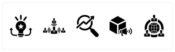 A set of 5 Increase Sale icons as potential, referral program, seo in black filled color vector