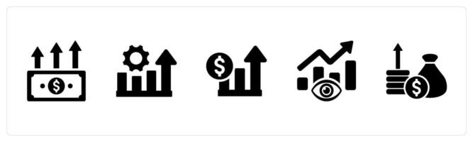 A set of 5 Increase Sale icons as increase sale, performance, sales in black filled color vector