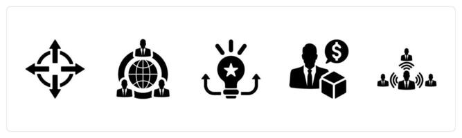A set of 5 Increase Sale icons as expand, outsourcing, potential in black filled color vector