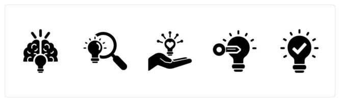 A set of 5 Idea icons as creative idea, search idea, share idea in black filled color vector