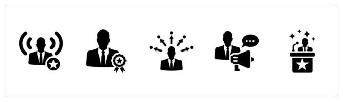 A set of 5 Influencer icons as influencer, ambassador, expertise in black filled color vector