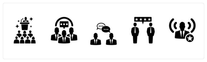 A set of 5 Influencer icons as follower, community, persuasion in black filled color vector