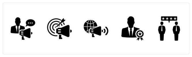 A set of 5 Influencer icons as promotion, advertisement, marketing in black filled color vector