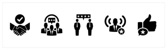 A set of 5 Influencer icons as partnership, community, review in black filled color vector