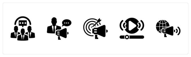 A set of 5 Influencer icons as community, promotion, advertisement in black filled color vector