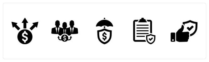 A set of 5 Insurance icons as liabilities, beneficiary, financial protection, policy in black filled color vector
