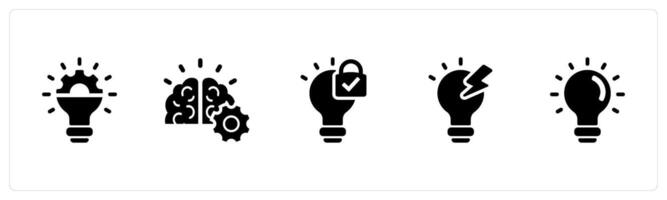 A set of 5 Intellectual Property icons as innovation, creative mind, intellectual in black filled color vector