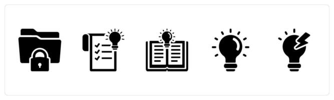 A set of 5 Intellectual Property icons as trade secrets, novel invention, idea in black filled color vector