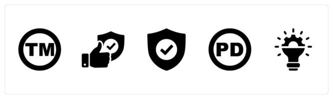 A set of 5 Intellectual Property icons as trademark, protection, product in black filled color vector