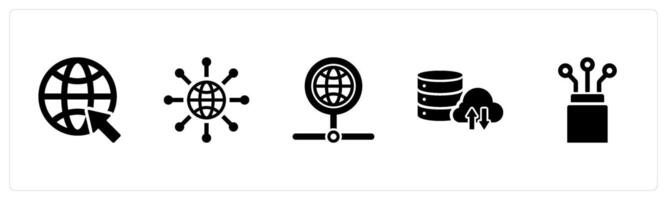 A set of 5 Internet Computer icons as online, internet, network, big data in black filled color vector