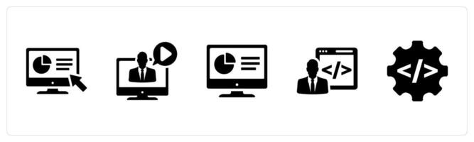 A set of 5 Internet Computer icons as user interface, webinar, software in black filled color vector