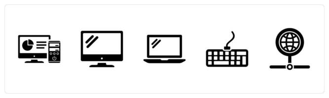 A set of 5 Internet Computer icons as computer, desktop, laptop in black filled color vector