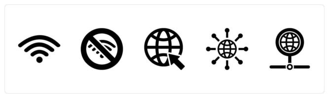 A set of 5 Internet Computer icons as wifi, wifi error, online in black filled color vector