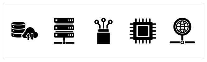 A set of 5 Internet Computer icons as big data, server, fiber in black filled color vector
