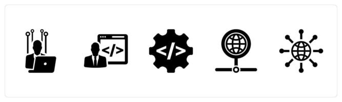 A set of 5 Internet Computer icons as hacker, developer, programming in black filled color vector