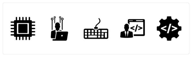 A set of 5 Internet Computer icons as hacker, keyboard, developer in black filled color vector