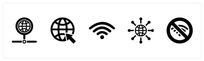 A set of 5 Internet Computer icons as online, wifi, internet, wifi error in black filled color vector