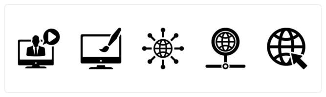 A set of 5 Internet Computer icons as webinar, web design, internet in black filled color vector