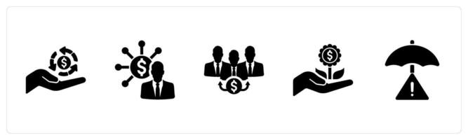 A set of 5 Investment icons as return on investment, diversification, dividend in black filled color vector