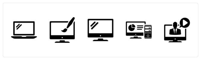 A set of 5 Internet Computer icons as laptop, web design, desktop in black filled color vector