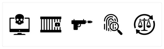 A set of 5 Justice icons as cyber crime, jail, weapon in black filled color vector
