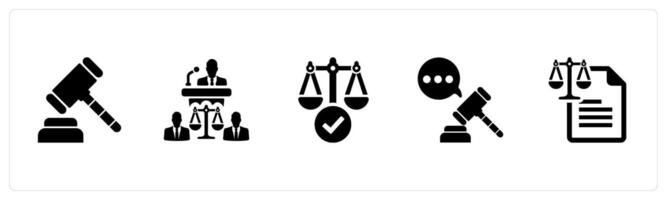 A set of 5 Justice icons as judge hammer, judgement, fair in black filled color vector