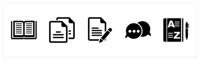 A set of 5 Language icons as dictionary, text, writing in black filled color vector