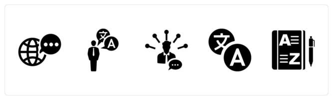 A set of 5 Language icons as language, bilingual, language skills in black filled color vector
