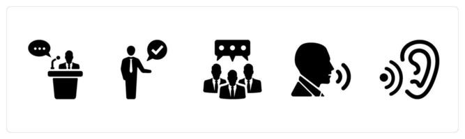 A set of 5 Language icons as speech, pronounciation, dialect in black filled color vector