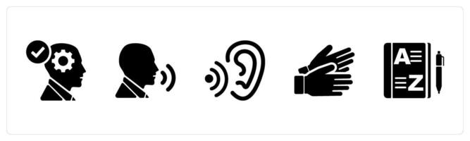 A set of 5 Language icons as interpretation, speaking, listening in black filled color vector