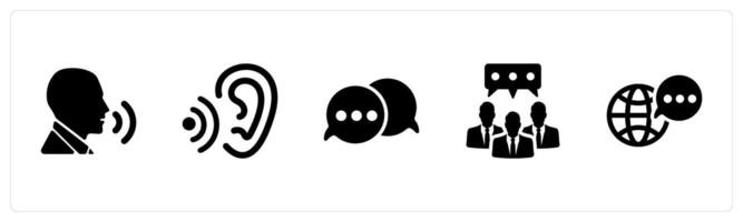 A set of 5 Language icons as speaking, listening, communication in black filled color vector