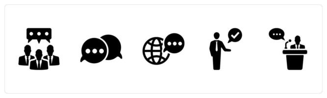 A set of 5 Language icons as dialect, communication, language in black filled color vector