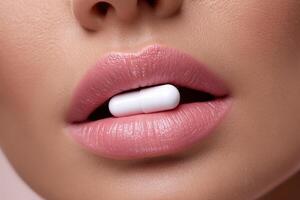 Close-up view of glossy pink lips holding a large white pill, showcasing vibrant beauty and intriguing contrasts in an artistic manner photo