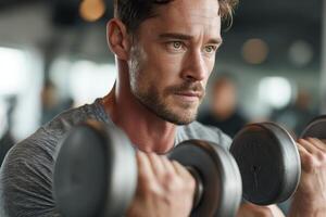 Man demonstrating determination while lifting heavy dumbbells in gym with soft ambient lighting and reflective mirrors photo