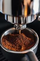 Experience the art of brewing fresh espresso with dark roasted coffee powder and a skilled espresso machine photo