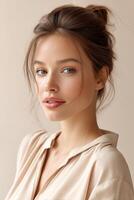 Captivating elegance of a Nordic beauty in a minimalistic beige dress against a serene cream backdrop photo