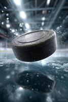 Hockey puck soaring through a frozen arena, capturing vintage vibes with dramatic motion effects and icy reflections photo