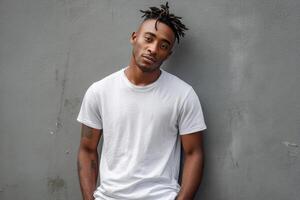 Portrait of youthful confidence in casual white tee against minimal urban backdrop capturing contemporary streetwear vibes photo