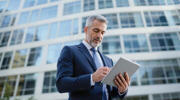 Business professional reviewing data on a tablet outside a modern office building in the heart of a bustling city photo