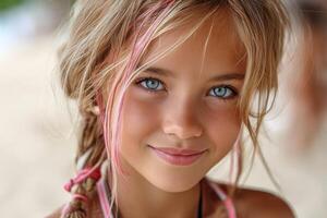 Cute twelve year old girl with blonde hair and pink strand enjoys sunny day at the beach with a joyful smile photo