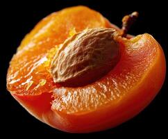 Close-up of a sliced apricot with seed on a dark background. photo