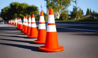 Row of traffic cones lining an empty road in sunlight. photo