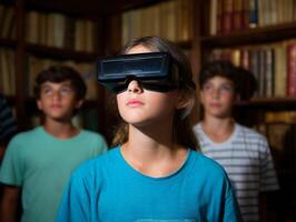 Children exploring virtual reality in a library setting. photo