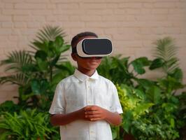 Child exploring virtual reality with headset in lush green setting. photo