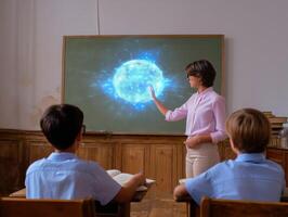 Teacher explaining digital orb to attentive students in classroom. photo