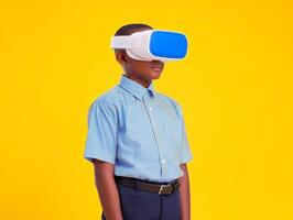 Child in VR headset exploring virtual world on yellow background. photo