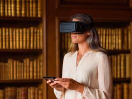 Woman exploring virtual reality with headset in a library setting. photo